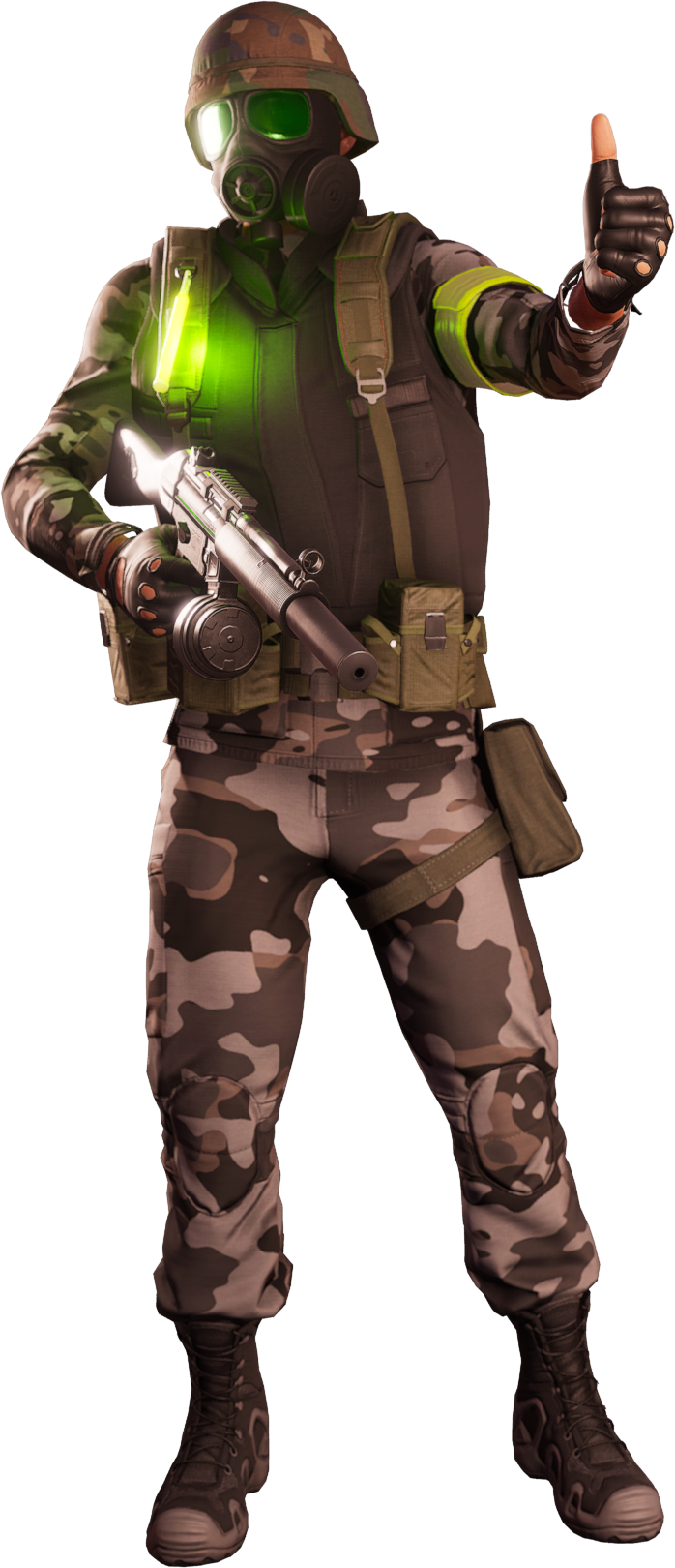 Rogue operator in a gas mask signalling stop