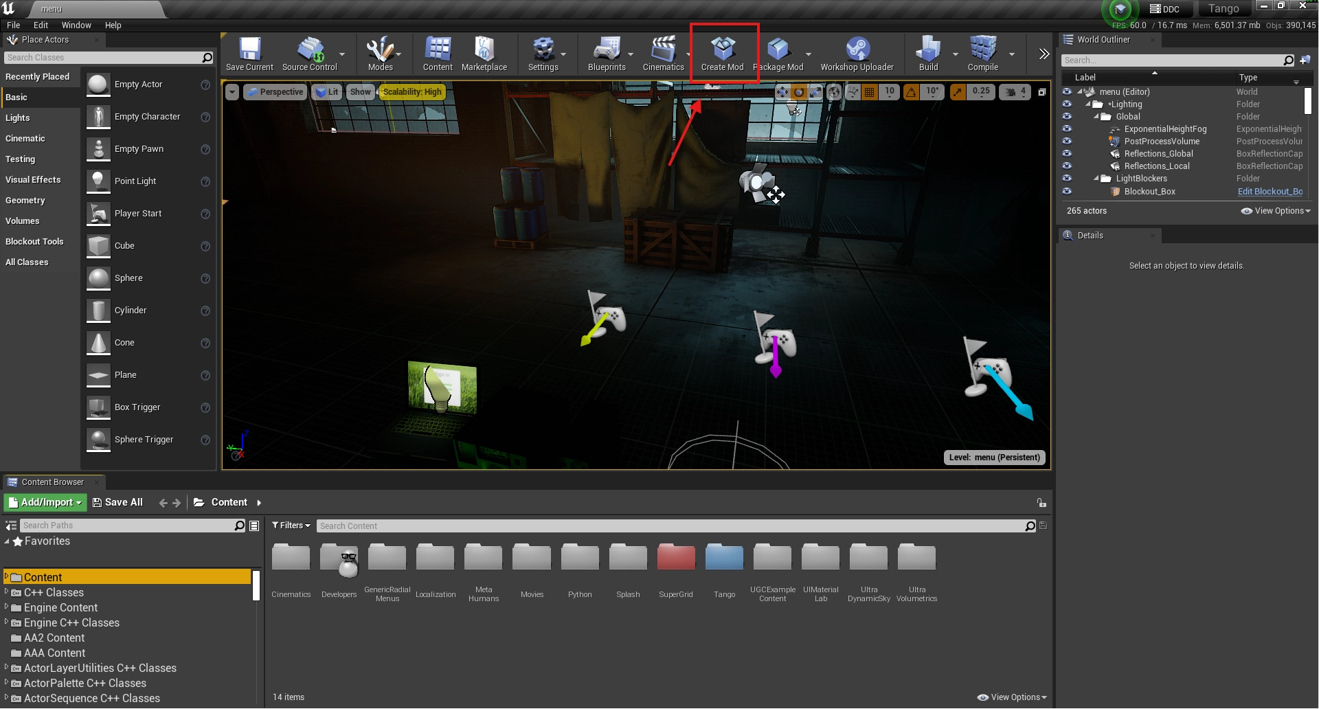 The Unreal editor with the Create Mod button highlighted in the toolbar