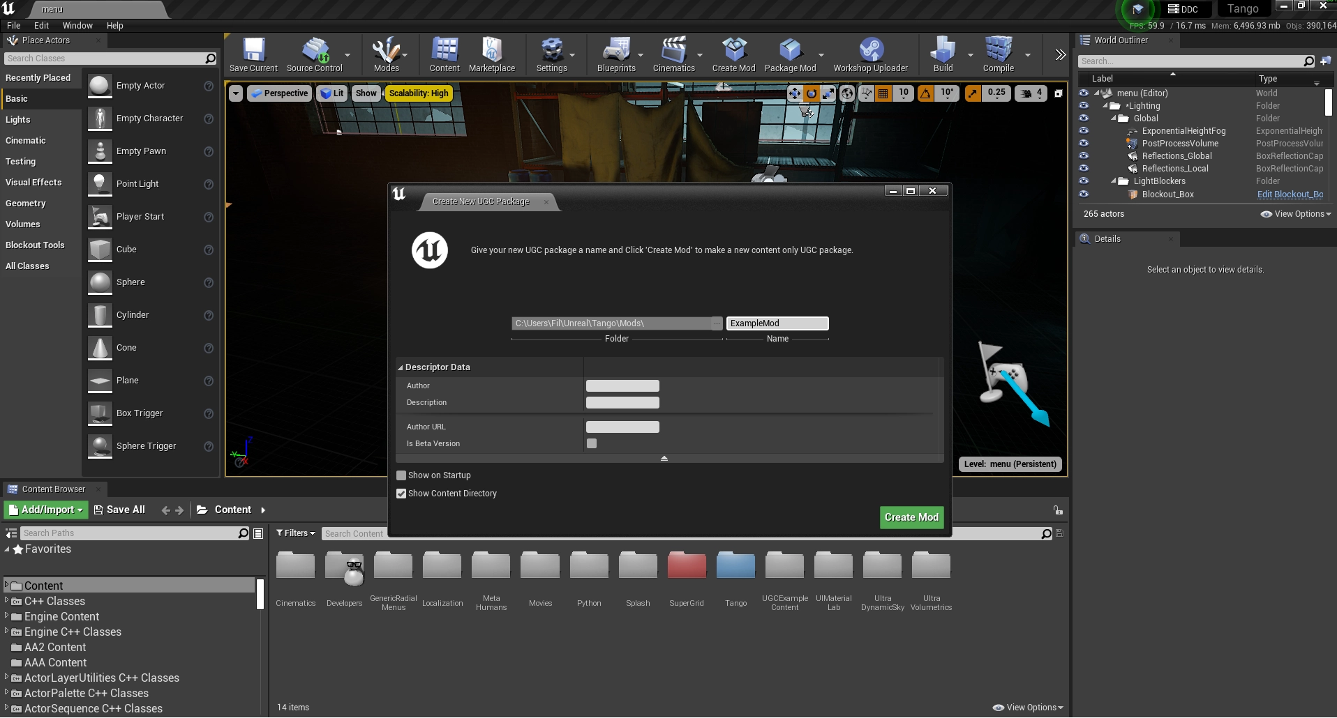 The mod details window in the Unreal editor