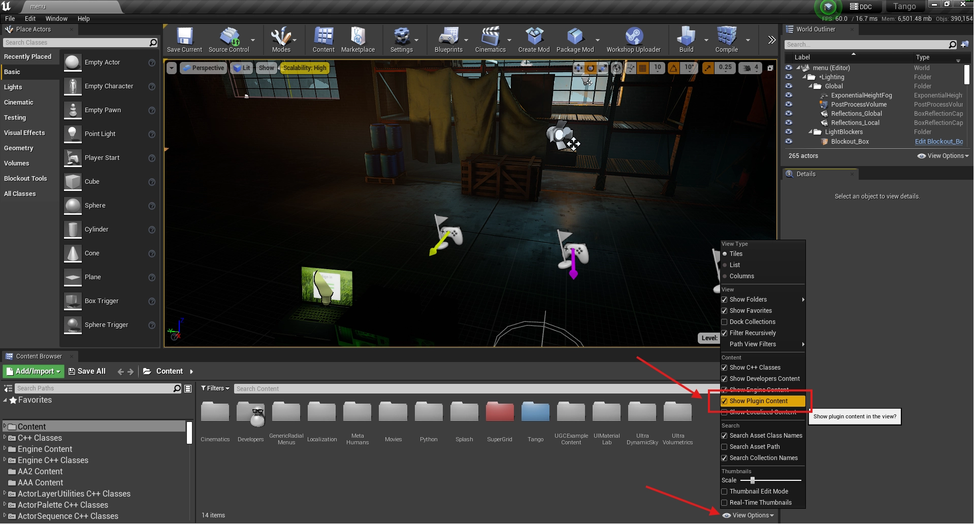 The Content Browser view options menu with Show Plugin Content enabled