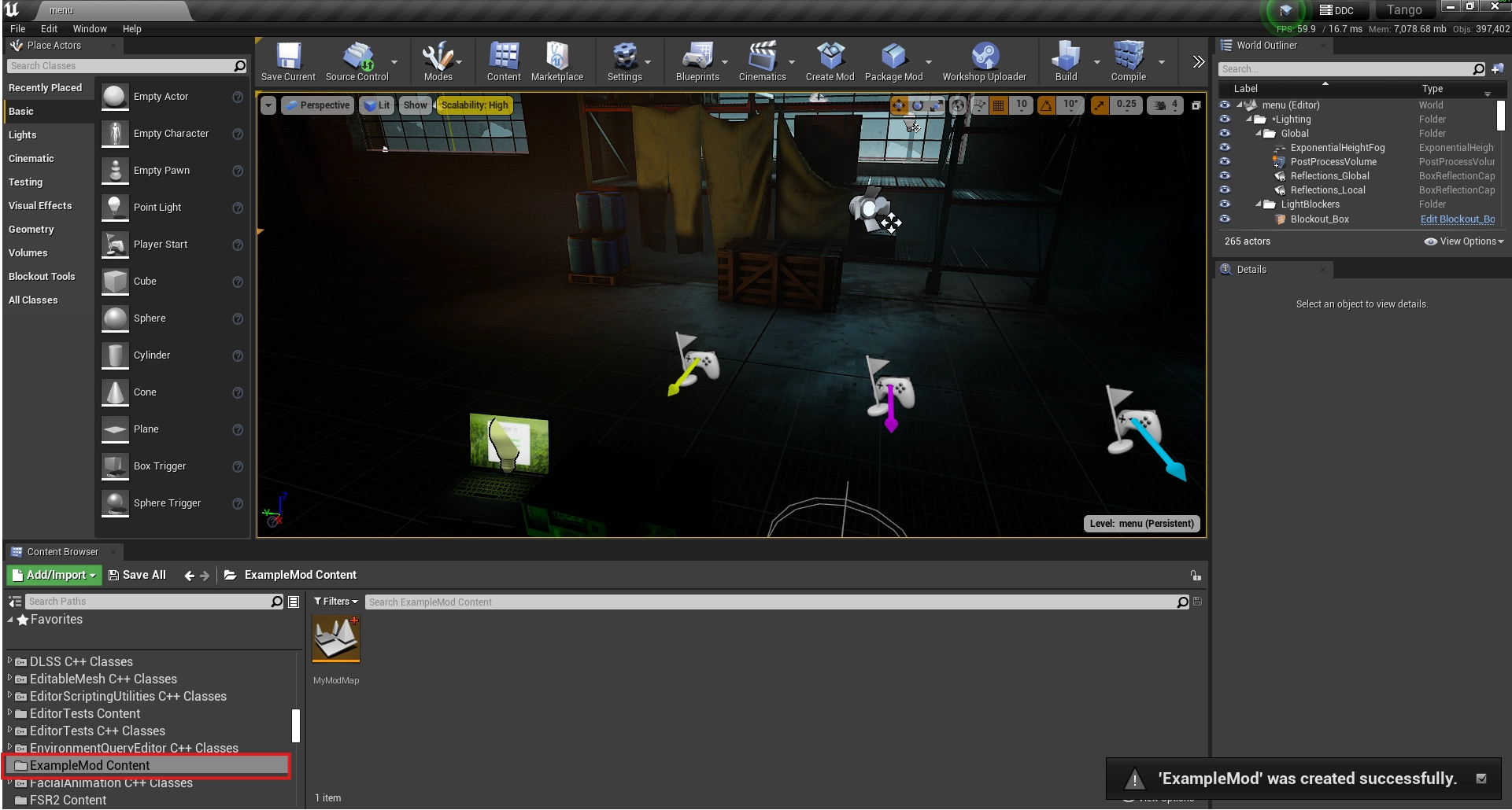 The Content Browser showing a newly created mod folder