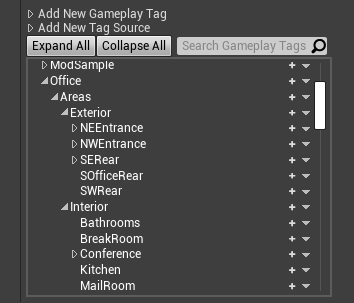 The Gameplay Tags editor showing a hierarchical tag structure for ModSample Office areas