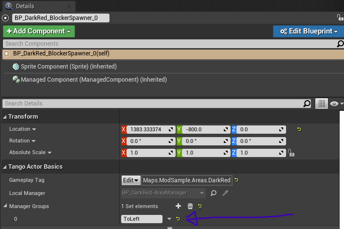 A blocker spawner's details panel showing its Manager Groups set containing ToLeft