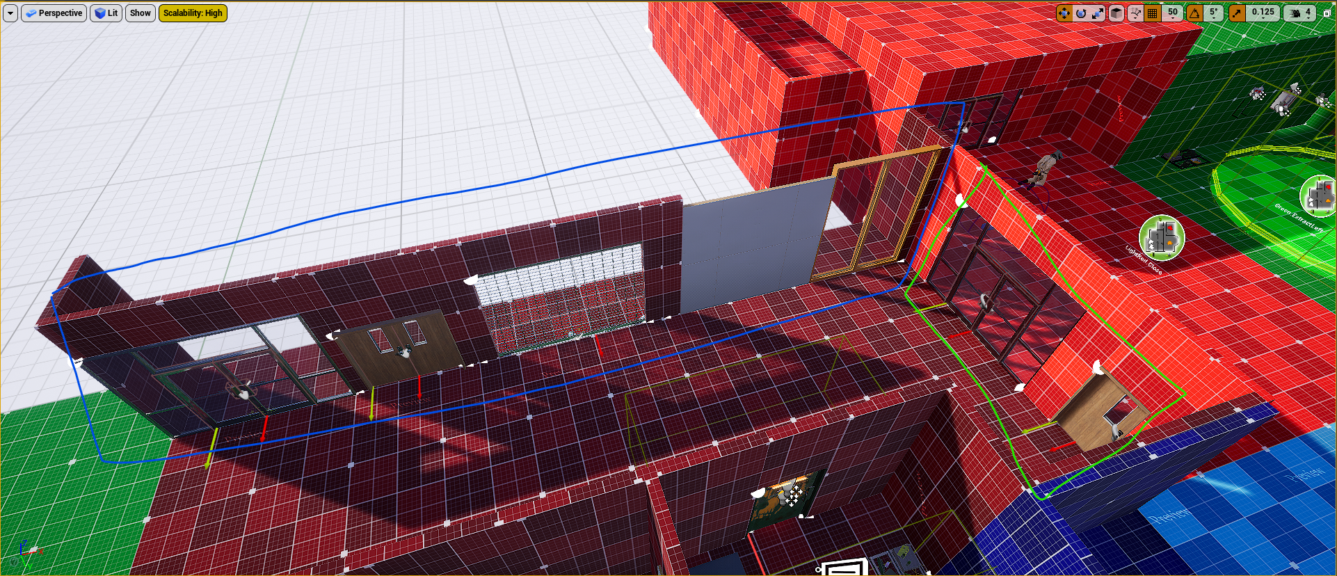 A 3D view of an area with the filtered blocker placement visualised