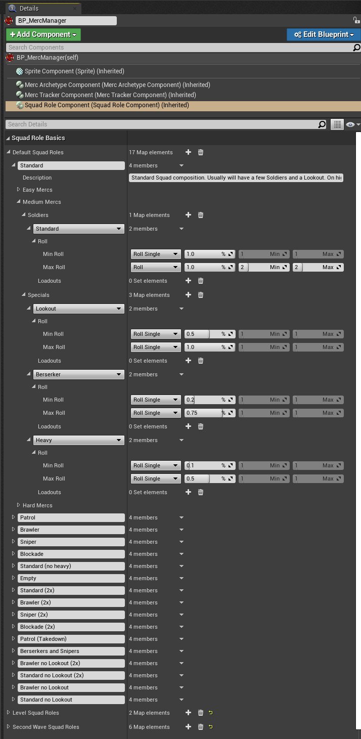 The SquadRoleComponent showing the full composition rolls of a Standard Squad Role