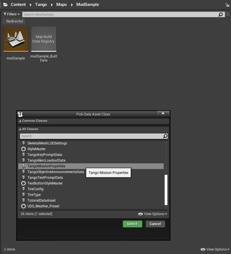 The Pick Data Asset Class dialog with TangoMissionProperties selected