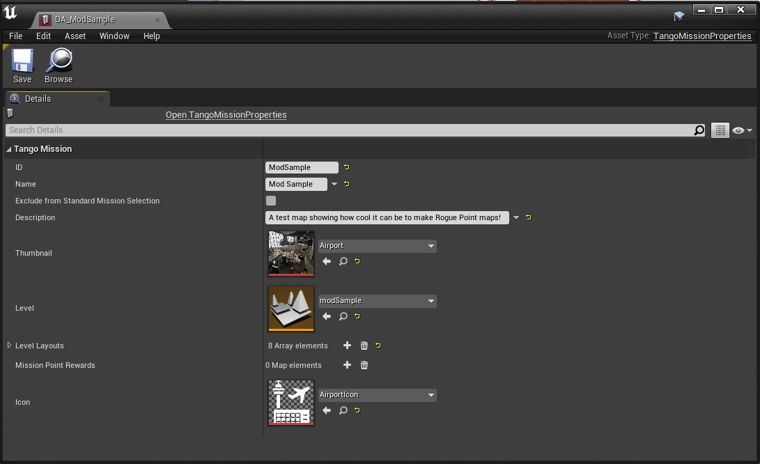 The TangoMissionProperties asset open for editing