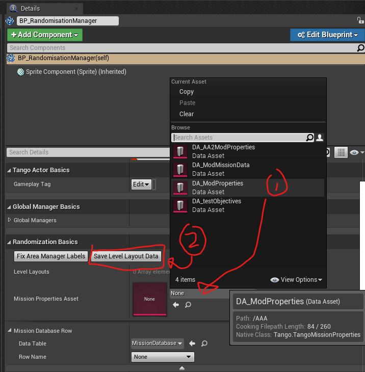 The Randomization Manager's MissionPropertiesAsset variable and SaveLevelLayoutData button