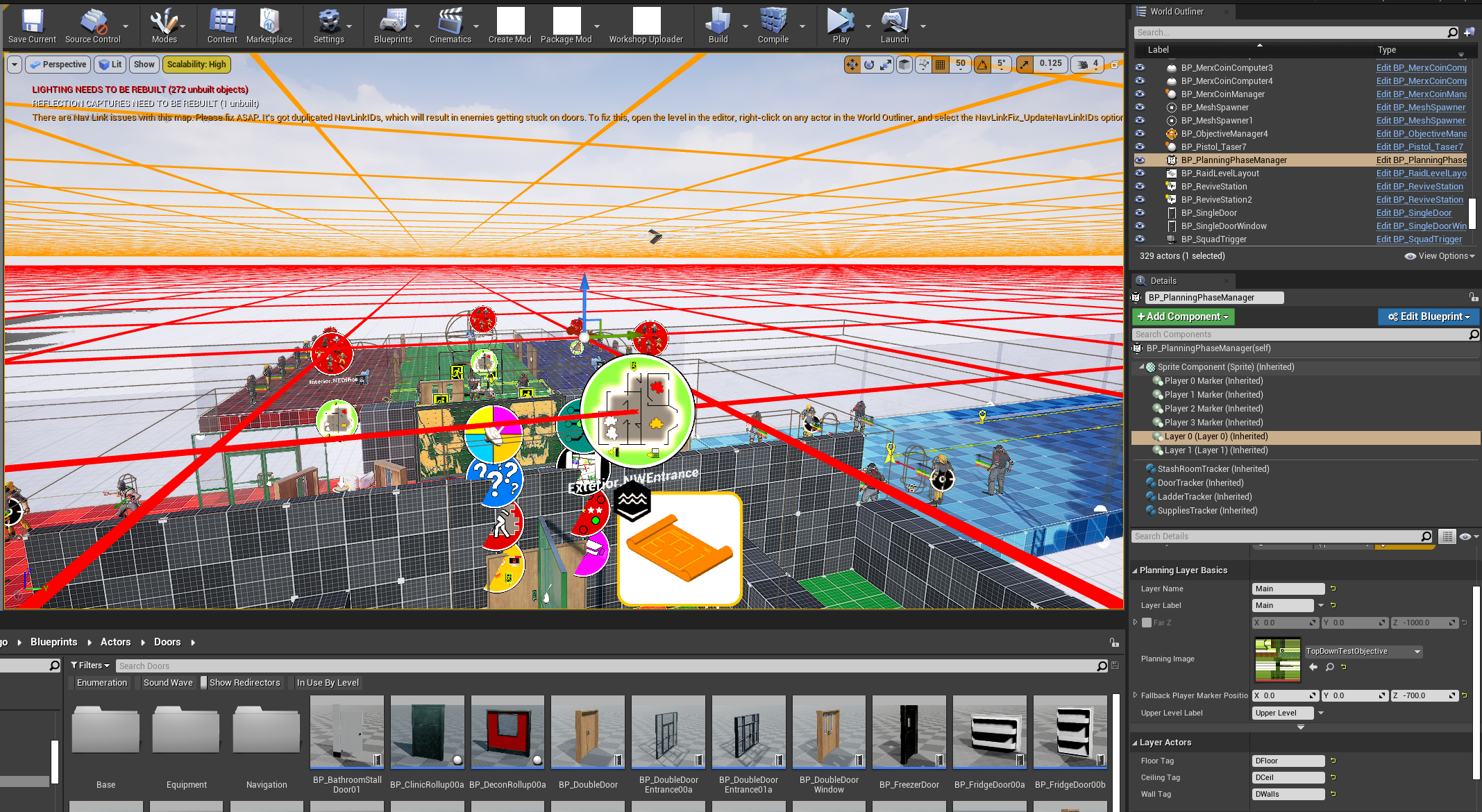 Editor view of a level with helper grids showing two Planning Layers at different heights