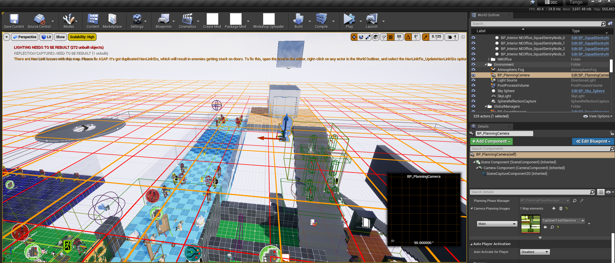 A Planning Camera placed in the level with its square OrthoWidth helper grid visible
