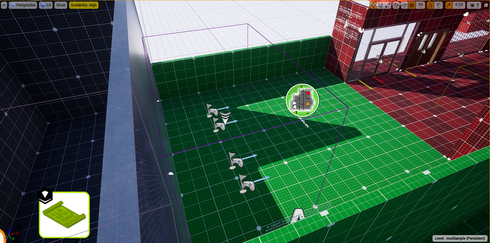 A spawn area in the editor with four player starts and an insertion zone