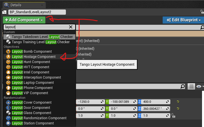 The Add Component menu on a Level Layout with the Layout Hostage Component highlighted