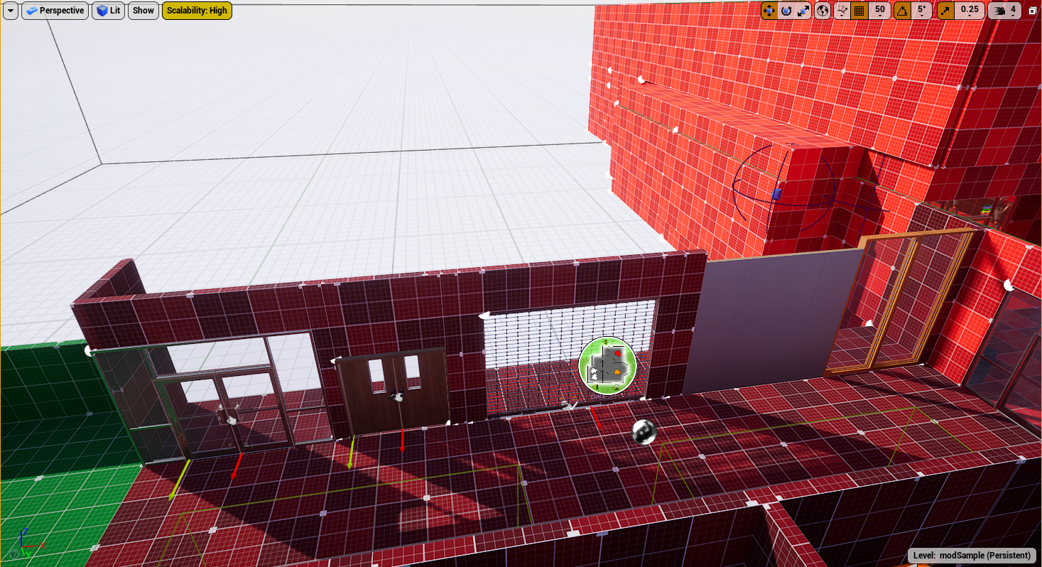 A doorway blocked off by a spawned mesh in the editor