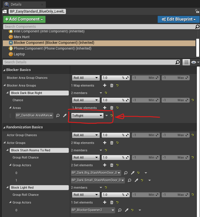 A Level Layout's Blocker Area Groups asking the DarkBlue Area Manager to block with the ToRight filter
