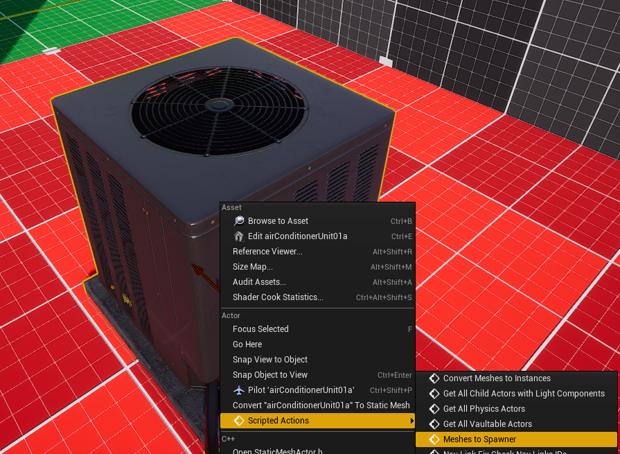 The right-click Scripted Actions menu showing MeshesToSpawner on a selected static mesh