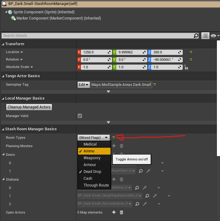 A Stash Room Manager's details with its RoomTypes flags open