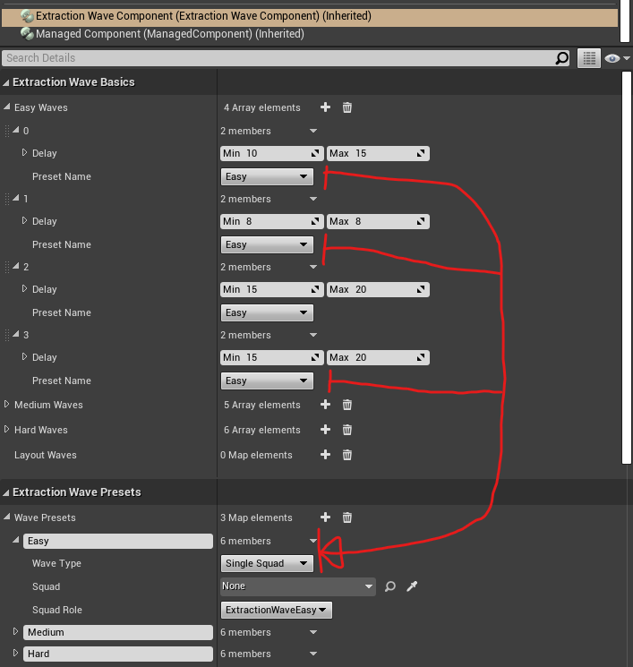 The Extraction Wave Component showing per-difficulty wave arrays and named Wave Presets