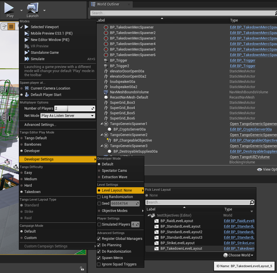 RP's custom play menu in the editor with designer debug settings