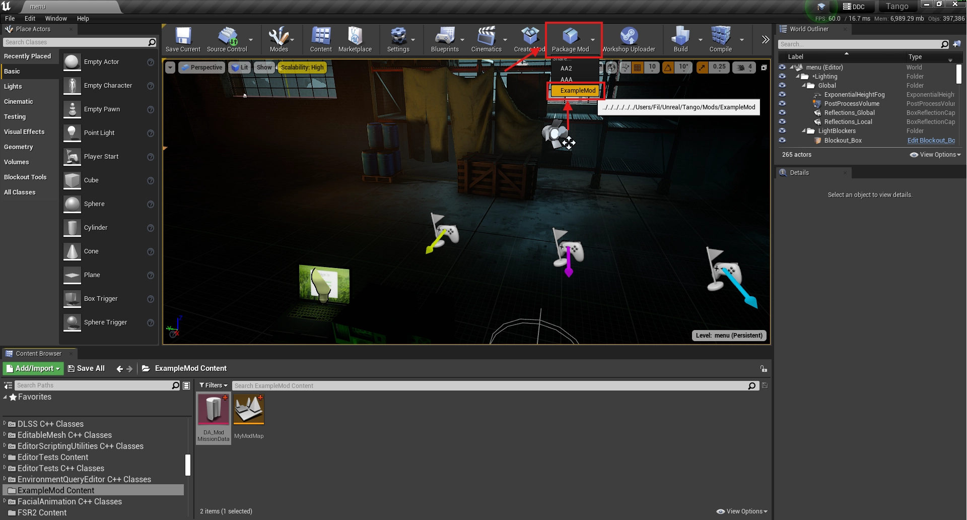 The Package Mod button in the editor toolbar