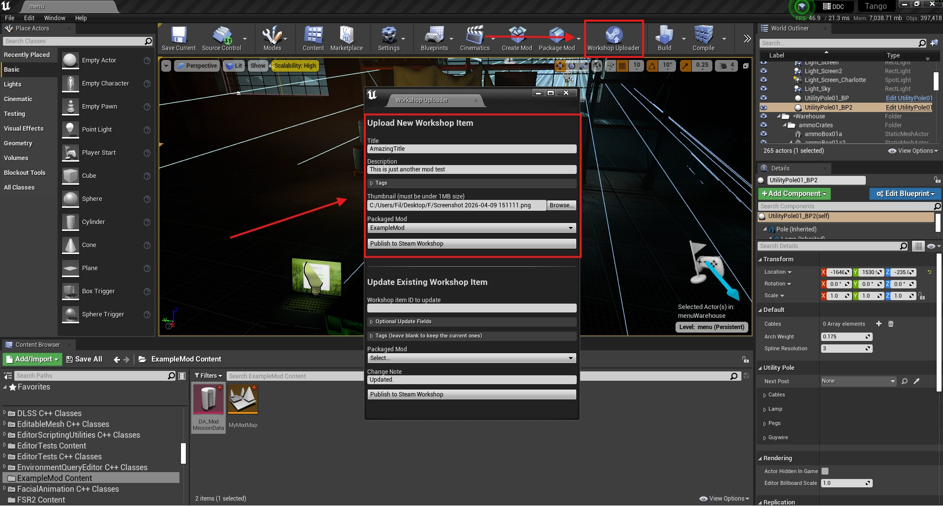 The Workshop Uploader window with mod details and thumbnail fields