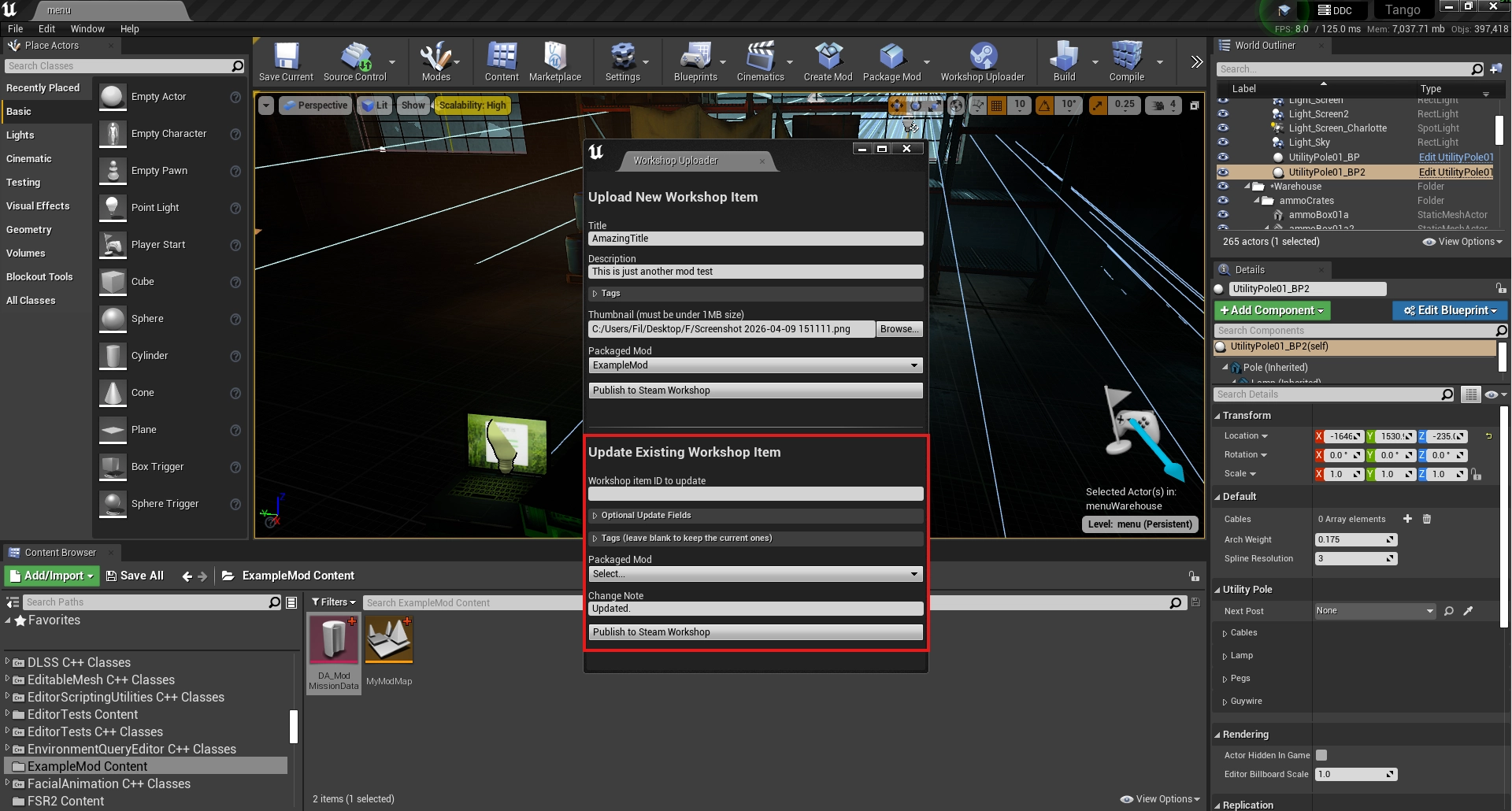 The Update Existing Workshop Item section of the uploader window