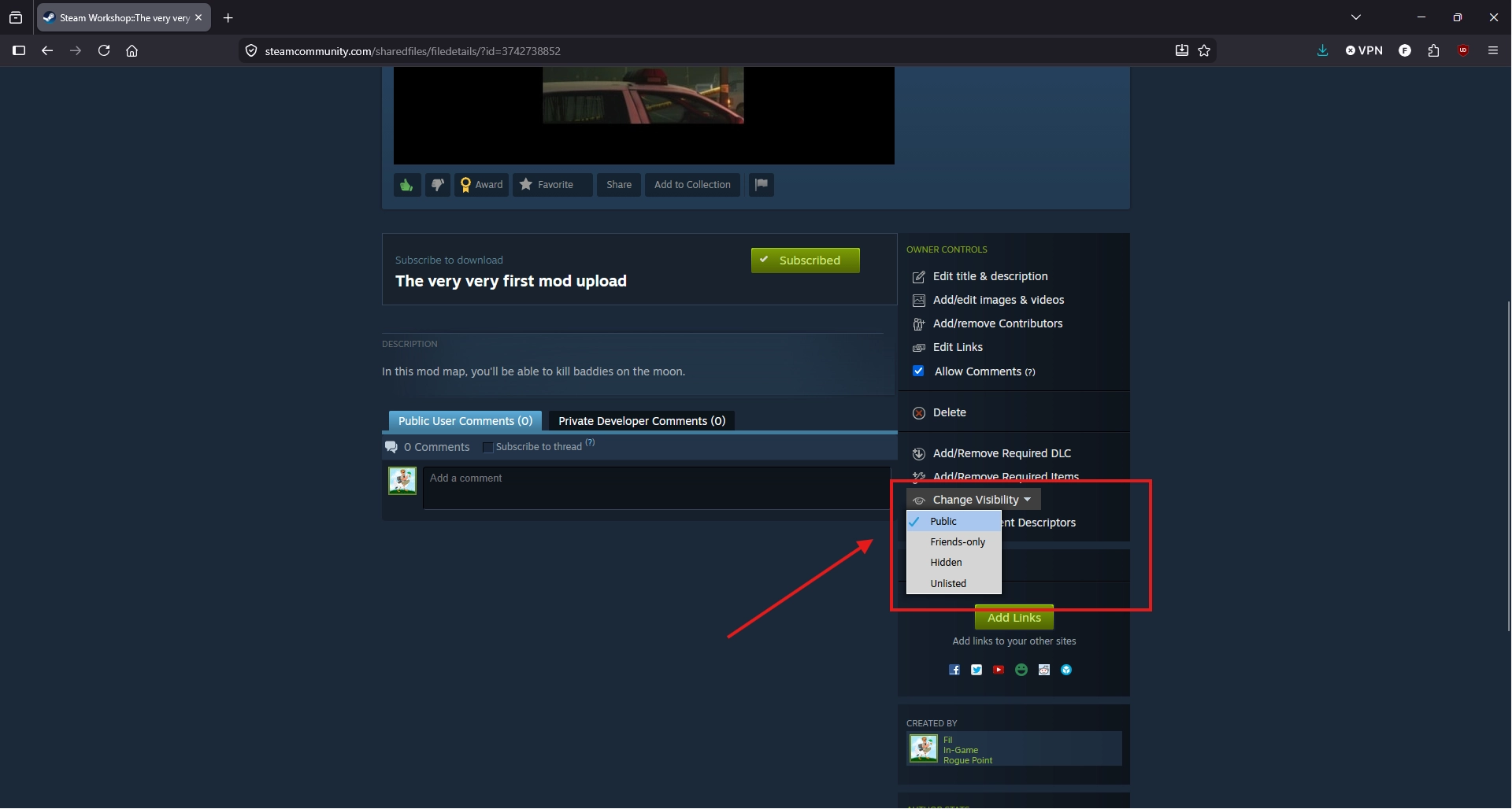 A Steam Workshop item page showing where to find the item ID
